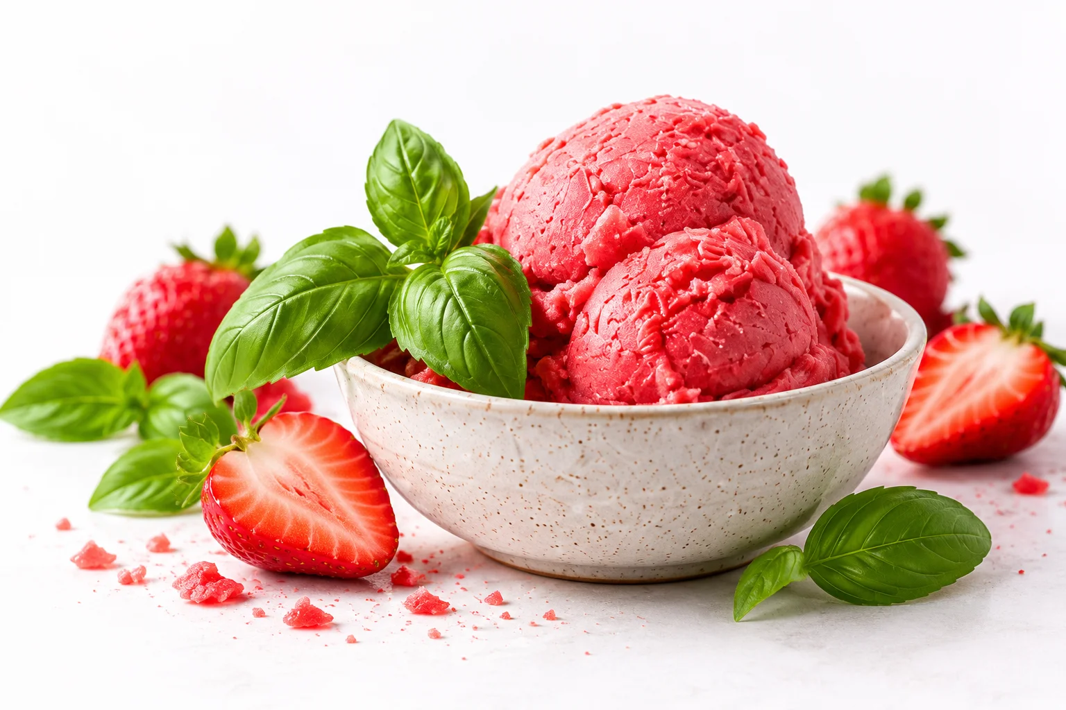Erdbeersorbet mit frischen Basilikumblättern in einer hellen Keramikschale