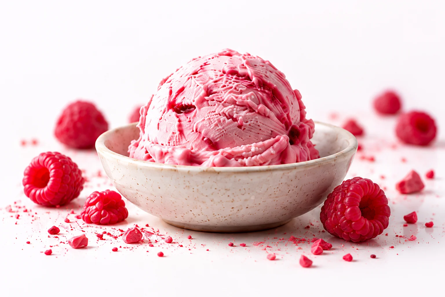 Rosa Himbeereis in einer hellen Keramikschale mit frischen Himbeeren