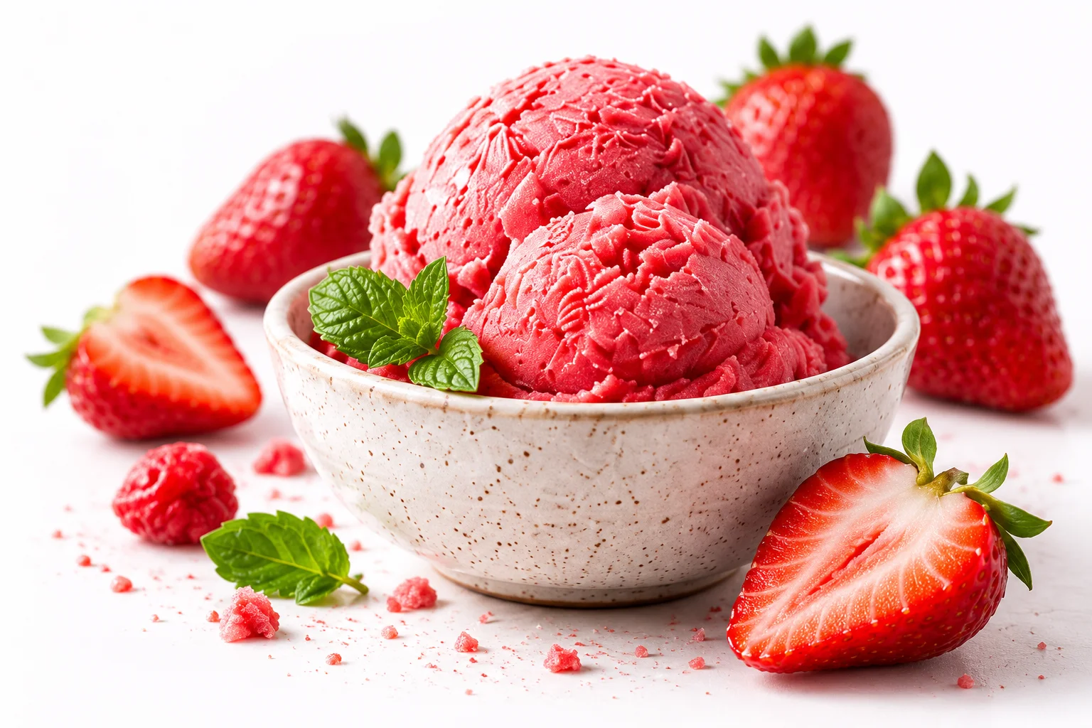 Rotes Erdbeersorbet in einer hellen Keramikschale mit Erdbeeren